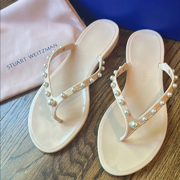 Stuart Weitzman Goldie Embellished Jelly Flip Flop Sandals - Picture 1 of 9